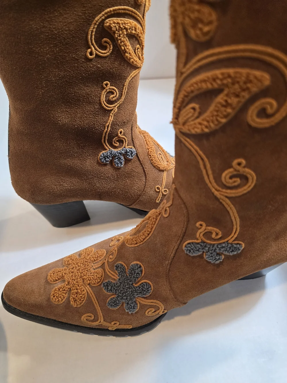 Embroidered Brown Suede Knee-High Boots
